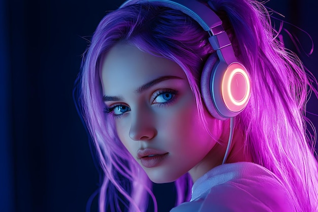 closeup of woman with purple hair wearing neon headphones in futuristic lighting