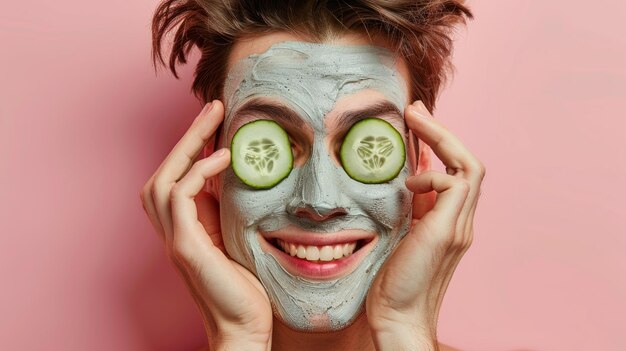 Closeup of a woman with round cucumber slices placed on her face as part of a skincare routine