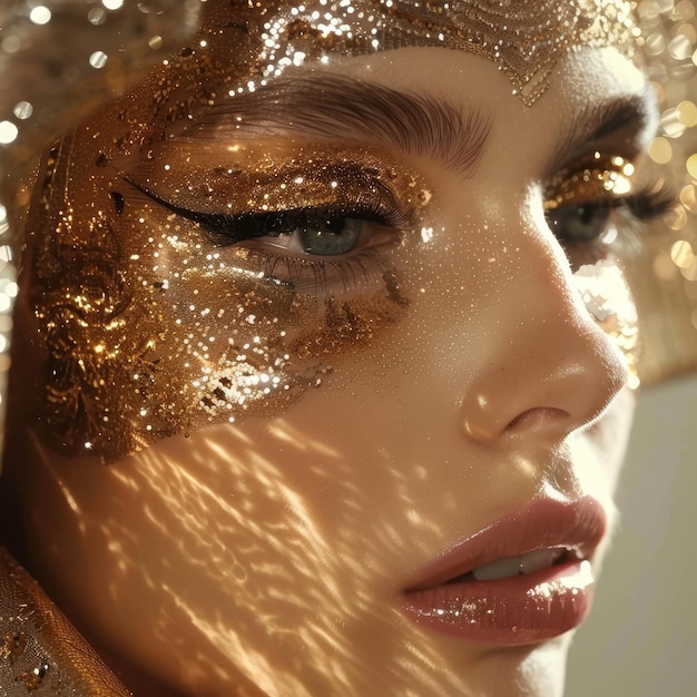 Closeup of a woman with shimmering glitter applied on her face creating a glamorous and sparkly makeup look A glittery and glamorous makeup look fit for a night out on the town