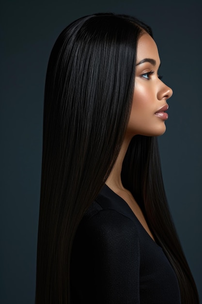 Closeup of a woman with shiny straight hair