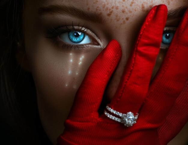 Photo closeup of woman with striking blue eyes red gloves freckles and a diamond ring