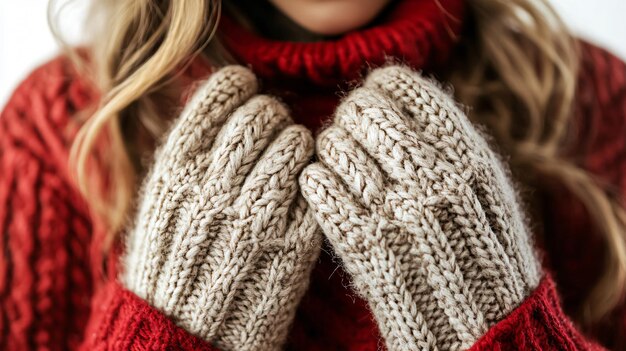 Photo closeup of woman in woolen glove on white background winter fashion concept