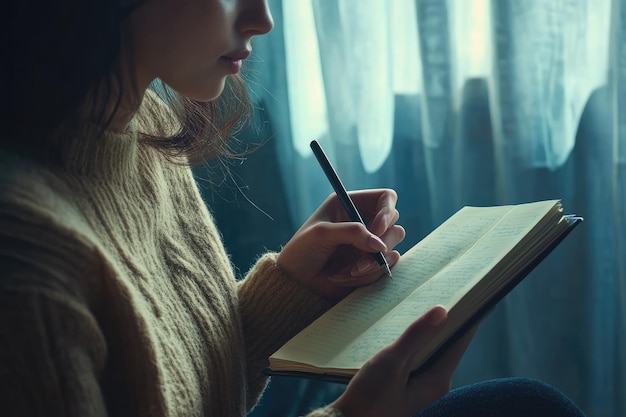 Photo closeup woman writing in journal