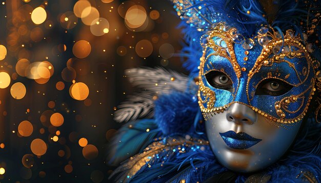 Closeup of a woman39s eye peeking through a blue and gold masquerade mask with bokeh lights