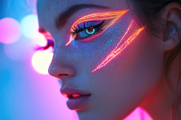 Photo closeup of a woman39s eye with neon makeup and glitter