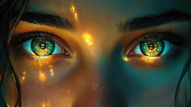 Closeup of a woman39s eyes with golden light reflecting off them