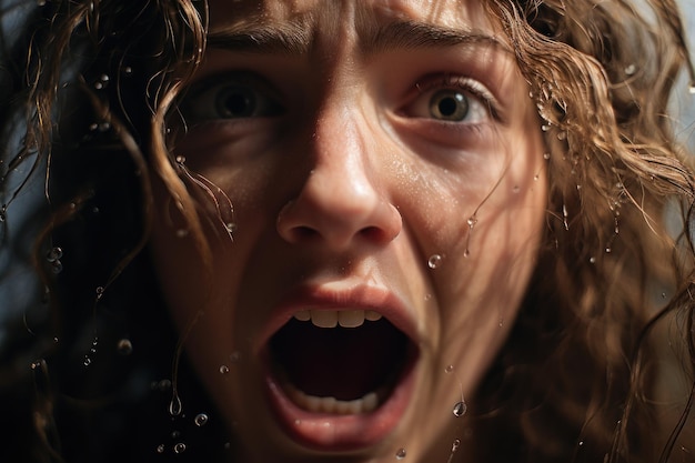 Closeup of a woman39s face Amidst the sound of real screams Conveying raw emotions mental health