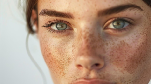 Closeup of a woman39s face with green eyes looking at the camera freckles on a white background Detailed image with selective focus