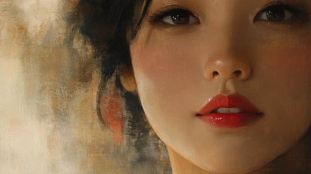 Photo closeup of a woman39s face with red lipstick painted in oil on canvas