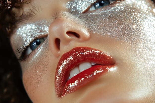 Photo closeup of a woman39s face with sparkling silver makeup and red lips