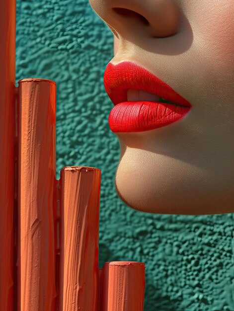 Photo closeup of woman39s red lips with artistic orange sticks against textured green background