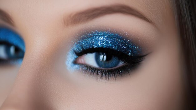 Photo closeup of a womans blue eye with sparkling glitter eyeshadow