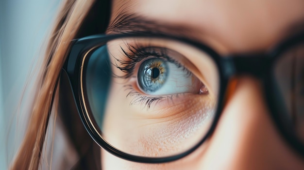 Photo closeup of a womans eye behind glasses detailed closeup of a womans eye magnified through eyeglass