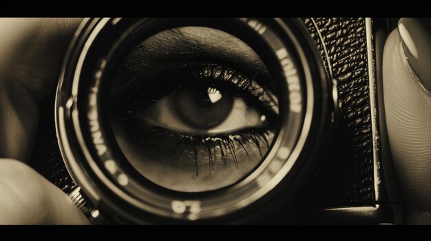 Photo a closeup of a womans eye looking through a camera lens