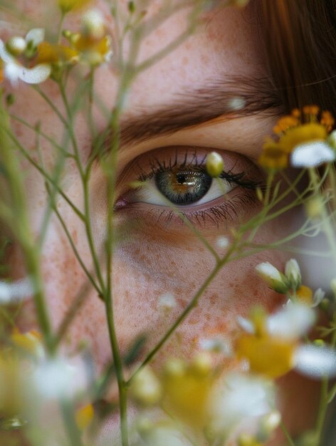 CloseUp of a Womans Eye Surrounded by Wildflowers Nature Beauty and Serenity