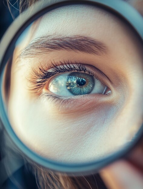 Photo closeup of a womans eye through a magnifying glass focus clarity and insight