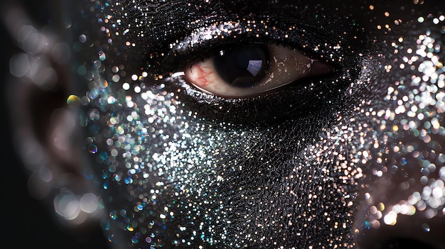 Photo closeup of a womans eye with black glitter on her face the woman is looking at the camera with her left eye