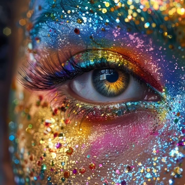 A closeup of a womans eye with bright sparkly rainbowcolored makeup