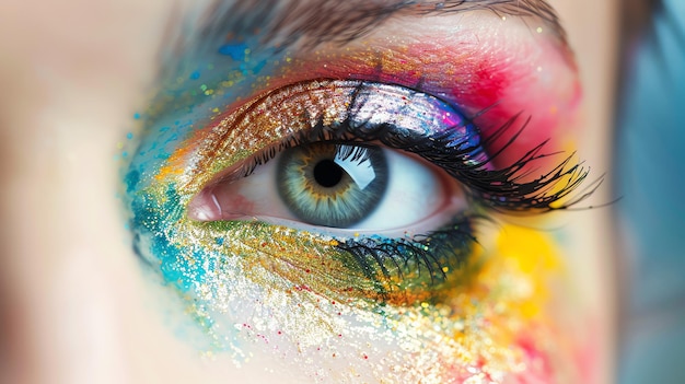 Closeup of a womans eye with colorful glitter makeup