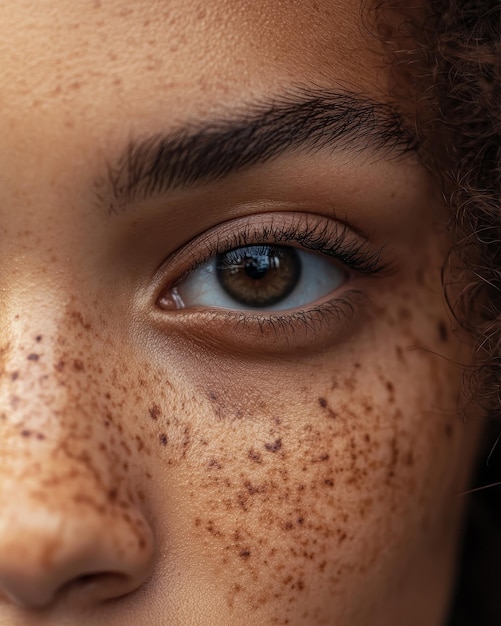 Closeup of Womans Eye with Freckles and Long Eyelashes