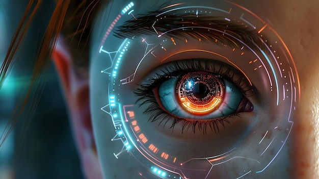 A closeup of a womans eye with a futuristic digital interface