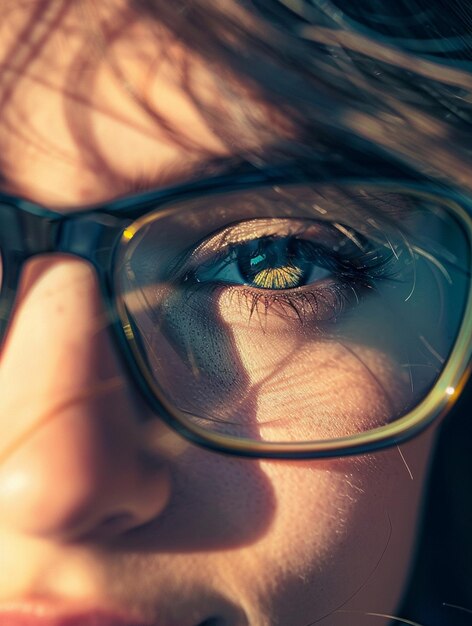 CloseUp of Womans Eye with Glasses and Sunlight Shadows