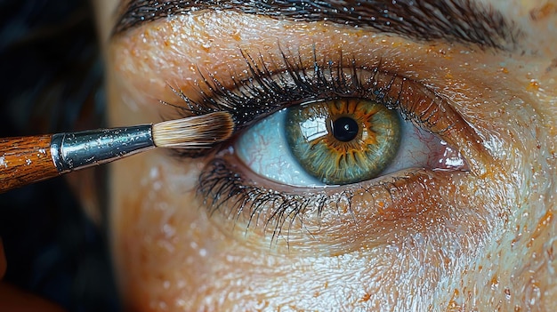 Photo closeup of a womans eye with a paintbrush applied to her eyelash