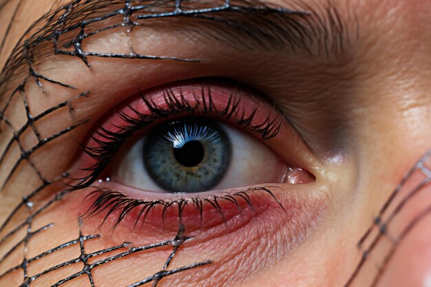 Closeup of a womans eye with spider net on it