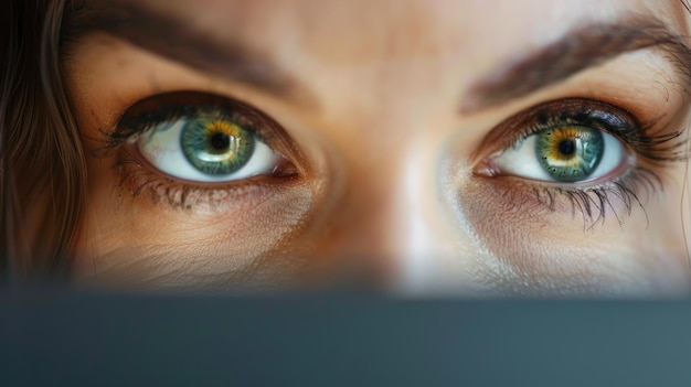 Closeup of a womans eyes focused on the computer screen while searching for specific items