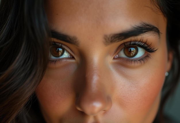 Photo closeup of a womans eyes with long eyelashes and brown irises