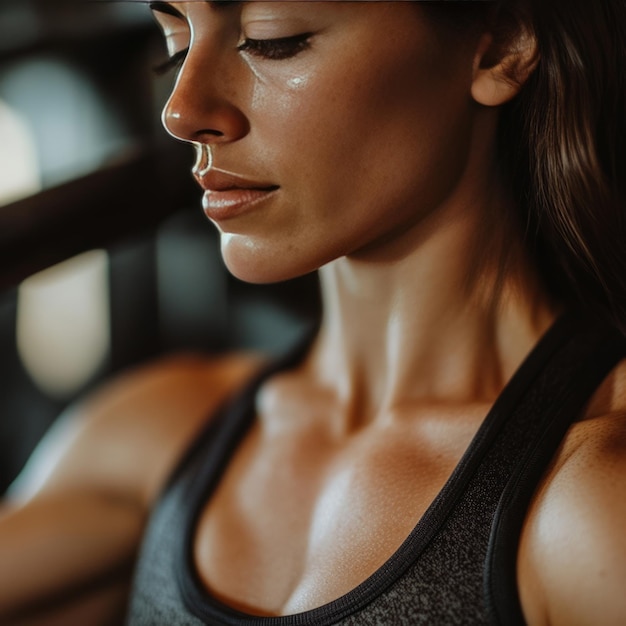 Photo closeup of a womans face as she works out with focus on her defined muscles and determination