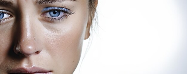 A closeup of a womans face expressing deep emotion with blue eyes and natural makeup