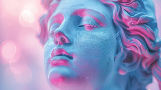 Photo closeup of a womans face in pink and blue lights