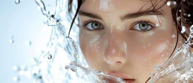 Closeup of a womans face surrounded by splashing water capturing a moment of pure refreshment