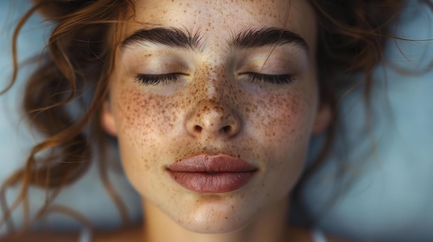 Closeup of a womans face with closed eyes meditating high definition photorealistic