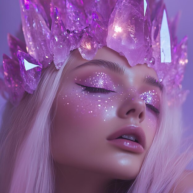 Photo closeup of a womans face with a crystal crown wearing glittery makeup with her eyes closed