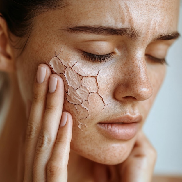 Photo closeup of womans face with dry damaged cracked skin skincare repair and hydration concept