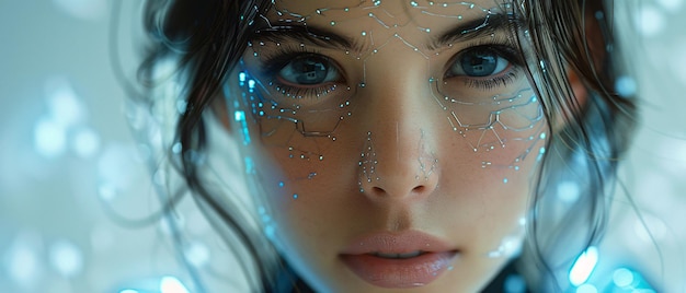 Photo closeup of a womans face with futuristic digital art