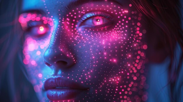 Photo closeup of a womans face with glowing pink dots generative ai