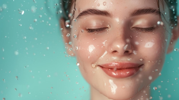 closeup of a womans face with her eyes closed covered in water droplets suggesting a sense of freshness hydration or skincare treatment