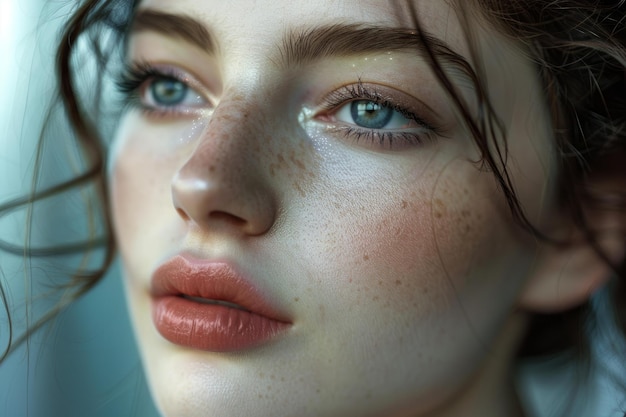 Closeup of womans face with natural freckles