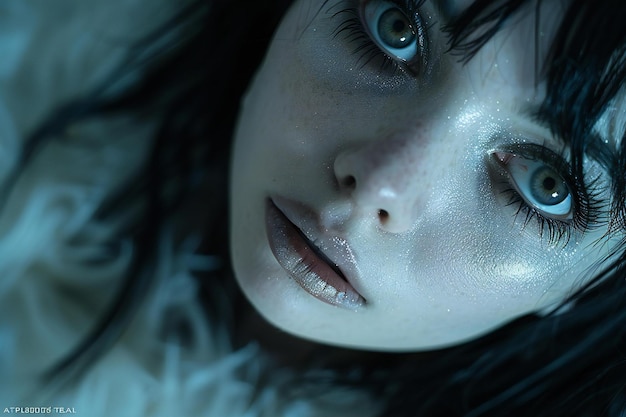 Closeup of womans face with unique features white makeup at night blurry dark background