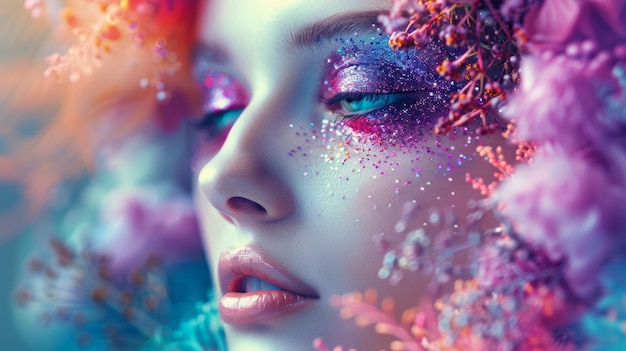 Photo closeup of womans face with vibrant and artistic makeup