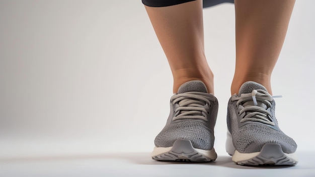 Closeup of a womans feet wearing grey running shoes