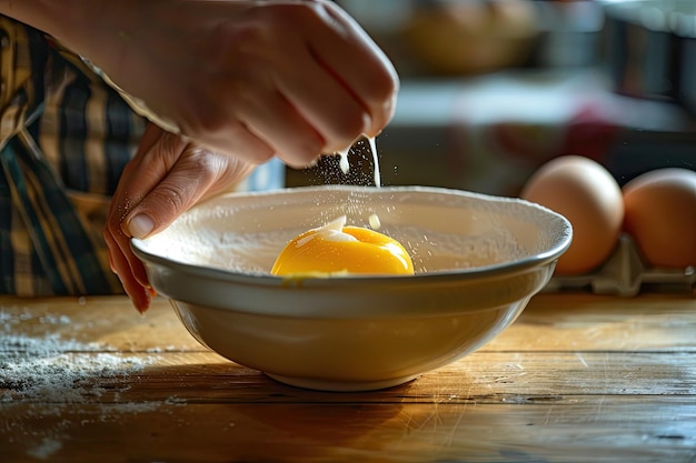 Photo closeup of womans hand breaking an egg in the mixing bowl on wooden table