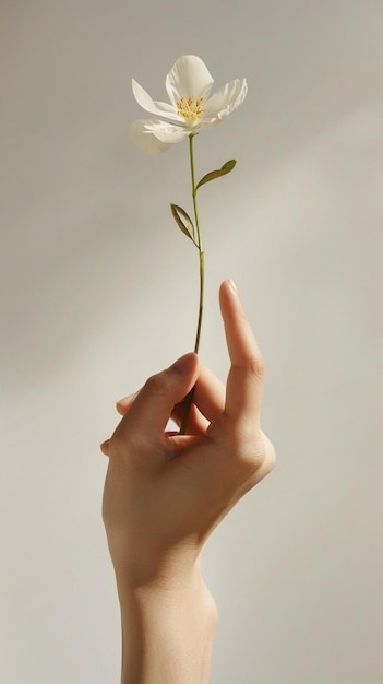 Photo closeup of a womans hand holding a flower on white background