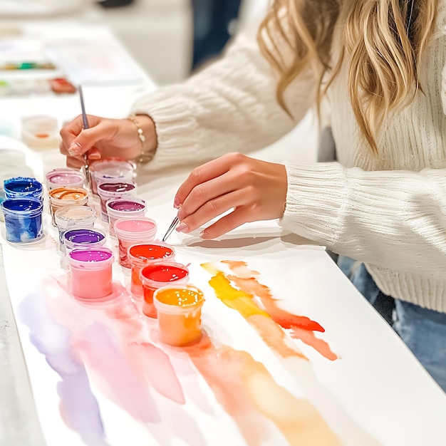 Closeup of a womans hand holding a paintbrush painting with watercolors