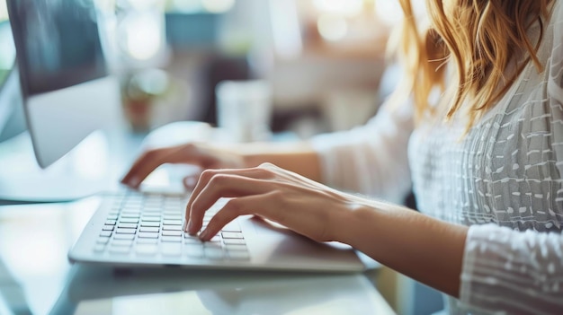 Closeup of Womans Hand Typing on Laptop