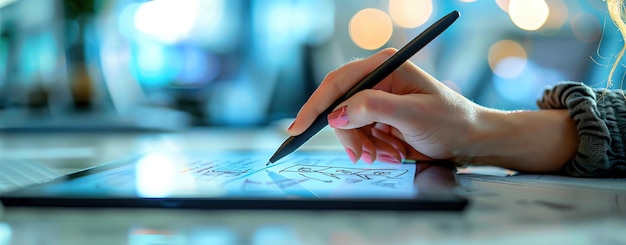 Closeup of a womans hand using a digital pen on a touchscreen with a blurred office background and ample copy space more clarity with clear light and sharp focus high detailed