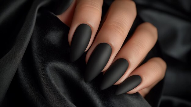 Photo closeup of a womans hand with long black nails holding a black cloth